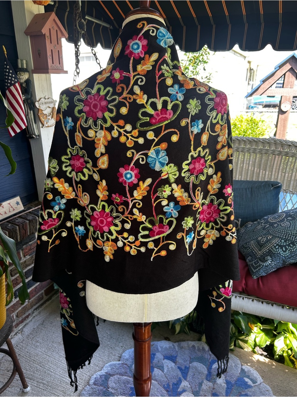 Black Embroidered Floral Shawl Scarf